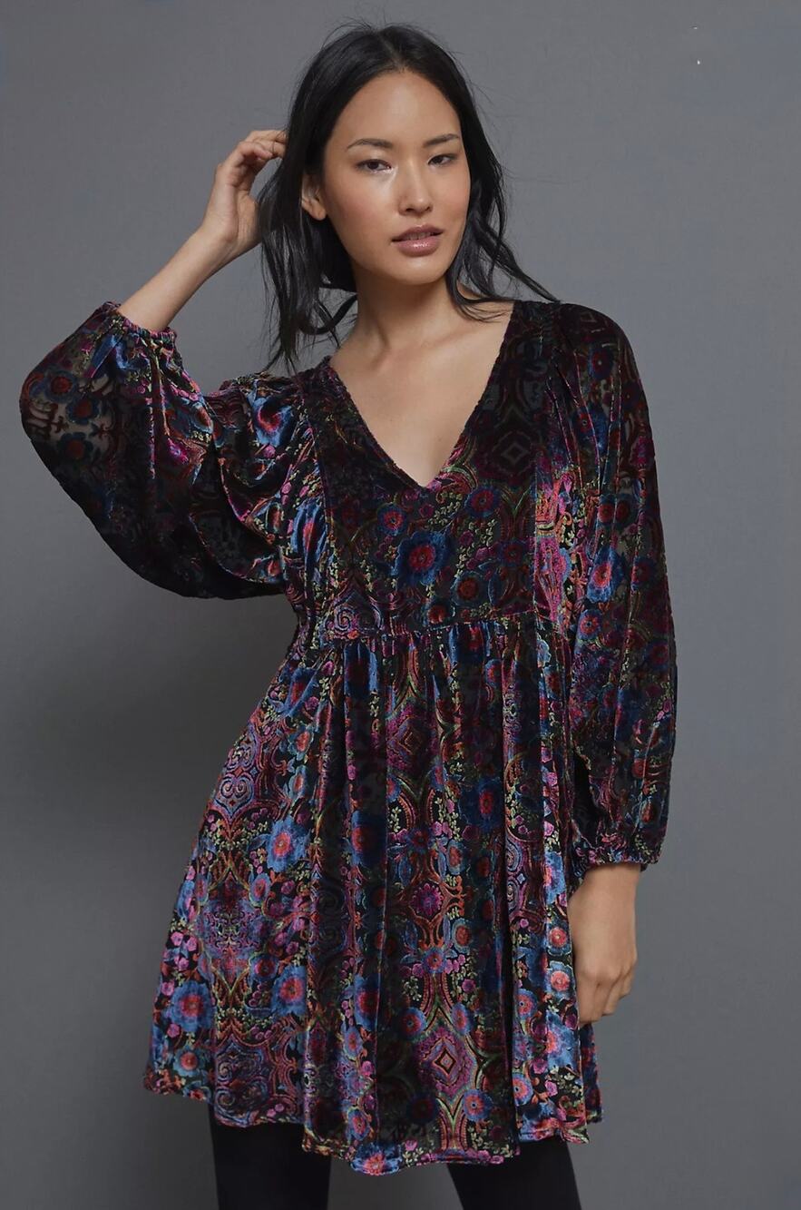 By Anthropologie Mona Burnout Velvet Puff Sleeve Mini Dress Women's L Whimsigoth